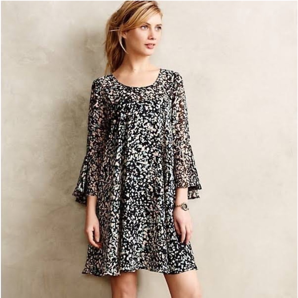 Anthropologie Paper Crown Droplets Splatter Print Swing Dress Flowy Bell Sleeve